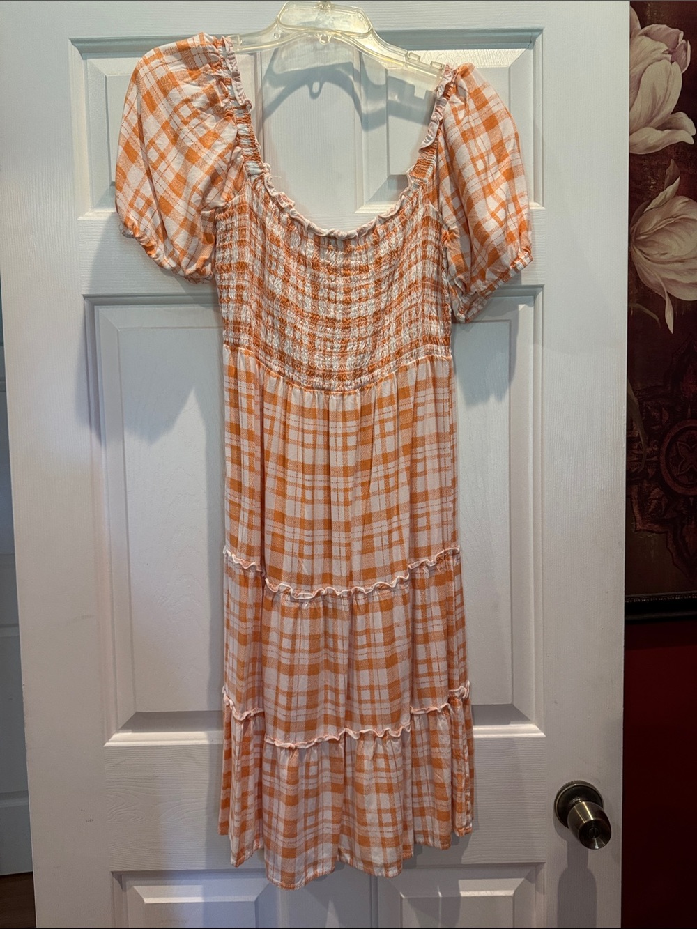 As U Wish Orange and White Plaid Smocked Kids Dress